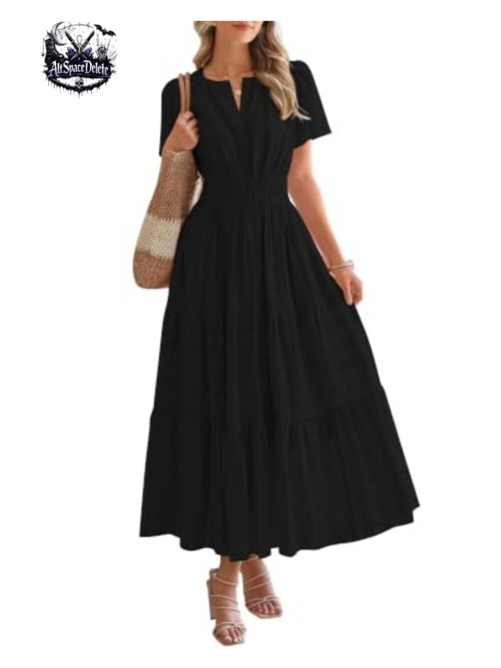 Women's Short Sleeve Maxi Dress V-Neck Tiered Ruffle Pockets Casual